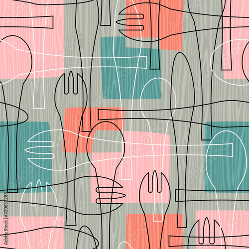 Seamless pattern of forks, spoons and knives. Retro mid century style design with tableware theme. For backgrounds, print and fabric design. Vector illustration.