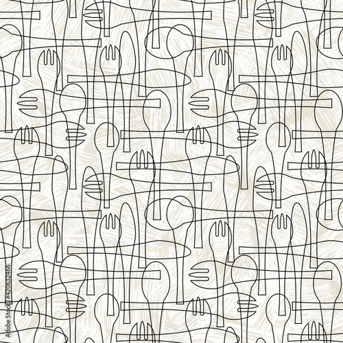Seamless pattern of forks, spoons and knives. Retro mid century style design with tableware theme. For backgrounds, print and fabric design. Vector illustration.