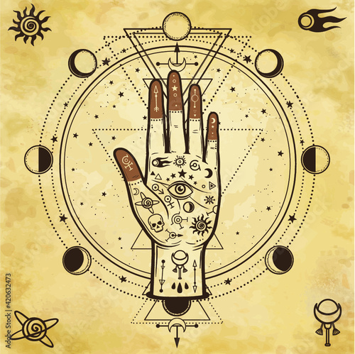 Mysterious background: divine hand, providence eye, sacred geometry, phases of the moon. Background - imitation of old paper. Esoteric, mysticism, occultism. Print, poster, t-shirt, card. Vector.