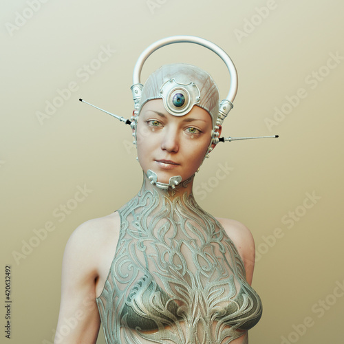 Futuristic CGI woman with communication head gear and third eye photo