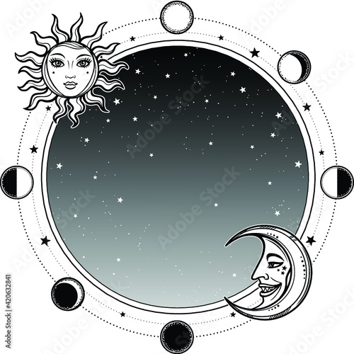 Monochrome background: night star sky, Moon and Sun. Place for the text. Alchemy, magic, esoteric, occultism. Vector illustration isolated on a white background. Print, poster, t-shirt, card.