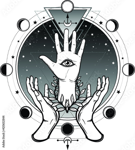 Human hands support a divine palm with an all-seeing eye. Sacred geometry. Alchemy, magic, esoteric, occultism. Vector illustration isolated on a white background. Print, poster, t-shirt, card.