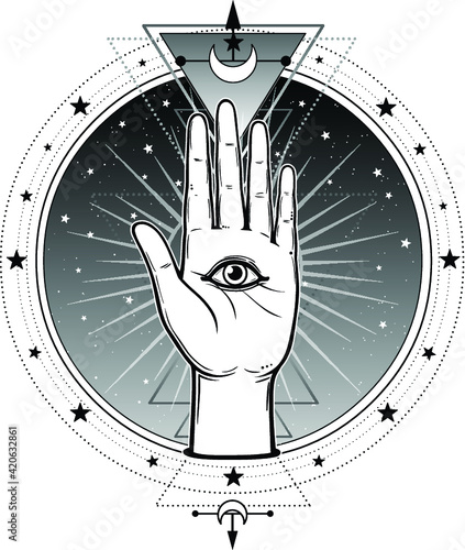 Mystical symbol: the human hand has a divine all-seeing eye. Sacred geometry. Alchemy, magic, esoteric, occultism. Vector illustration isolated on a white background. Print, poster, t-shirt, card.