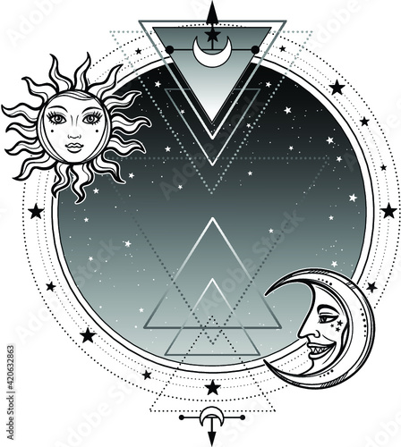 Monochrome background: night star sky, Moon and Sun. Place for the text. Alchemy, magic, esoteric, occultism. Vector illustration isolated on a white background. Print, poster, t-shirt, card.