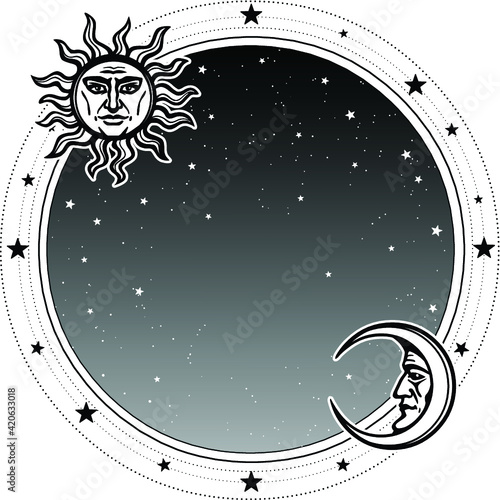 Monochrome background: night star sky, Moon and Sun. Place for the text. Alchemy, magic, esoteric, occultism. Vector illustration isolated on a white background. Print, poster, t-shirt, card.