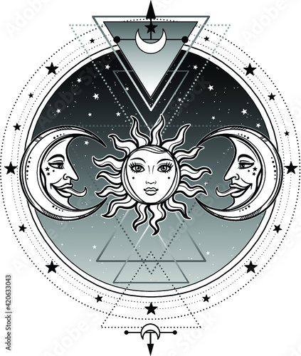 Monochrome background: night star sky, Moon and Sun. Place for the text. Alchemy, magic, esoteric, occultism. Vector illustration isolated on a white background. Print, poster, t-shirt, card.