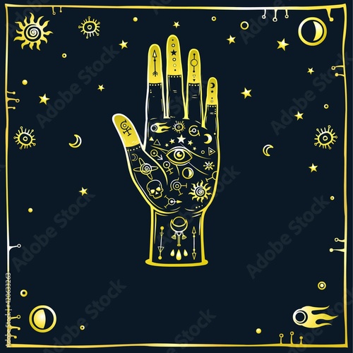 Mysterious background: the stylized  human hand is decorated with alchemical sings, space symbols. Gold imitation. Esoteric, mysticism, occultism. Print, poster, t-shirt, card. Vector illustration.