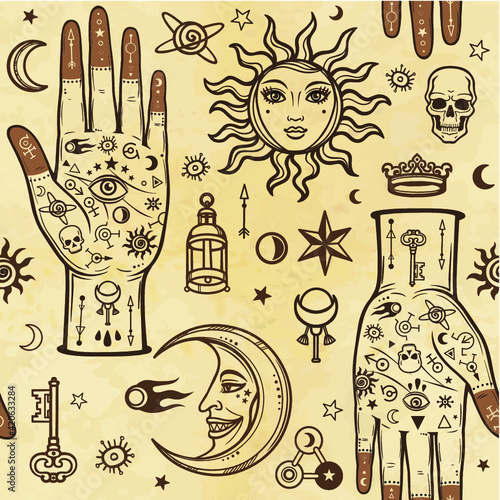 Seamless color pattern: human hands in tattoos, alchemical symbols. Esoteric, mysticism, occultism. A background - imitation of old paper, the book, parchment. Vector illustration.