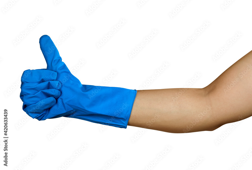 Hand in a blue rubber glove with thumb up isolated on white Hand in a blue rubber glove with thumb up isolated on white