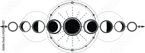 Mystical drawing: phases of the moon, energy circles. Sacred geometry. Alchemy, magic, esoteric, occultism. Monochrome Vector Illustration isolated on a white background.