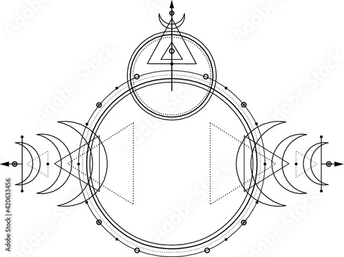 Mystical drawing: circles, triangles, moon, scheme of energy. Sacred geometry. Alchemy, magic, esoteric, occultism. Monochrome Vector Illustration isolated on a white background.