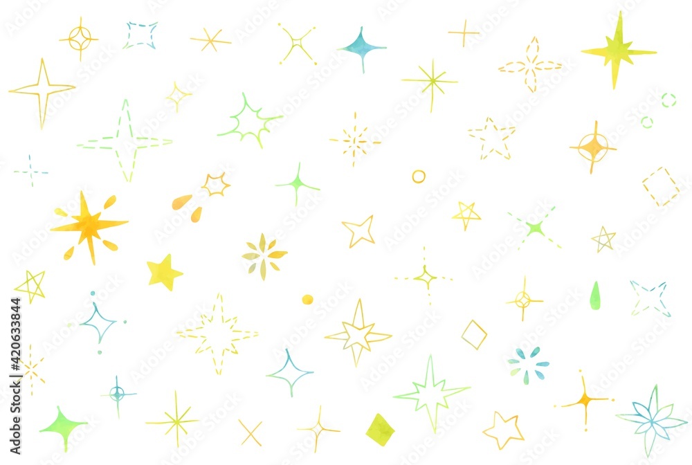 優しい水彩の手描きキラキラアイコンセット