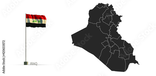 Iraq map. gray country vector map and flag 3d illustration.