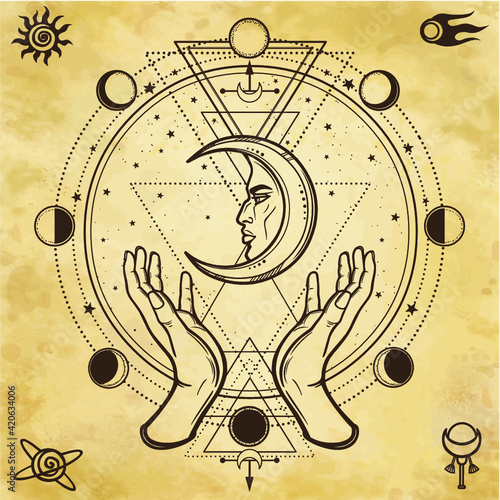Mystical drawing: human hands hold the moon. Sacred geometry. Alchemy, magic, esoteric, occultism. Background - imitation of old paper. Vector Illustration.