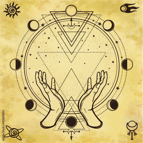 Mysterious drawing: human hands hold a magic circle, sacred geometry. Space symbols. Background - imitation of old paper. Place for the text. Esoteric, mysticism, occultism.  Vector illustration.