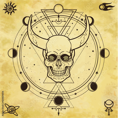Mysterious drawing: horned skull, sacred geometry, space symbols. Alchemy, magic, esoteric, occultism.  Background - imitation of old paper. Vector Illustration.