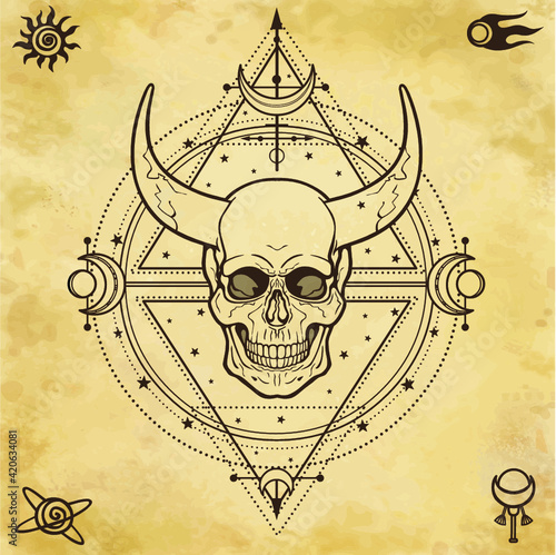 Mysterious drawing: horned skull, sacred geometry, space symbols. Alchemy, magic, esoteric, occultism.  Background - imitation of old paper. Vector Illustration.