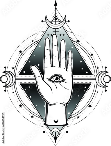 Mystical symbol: the human hand has a divine all-seeing eye on a palm. Alchemy, magic, esoterics, occultism. Vector illustration isolated on a white background. Print, poster, t-shirt, card.