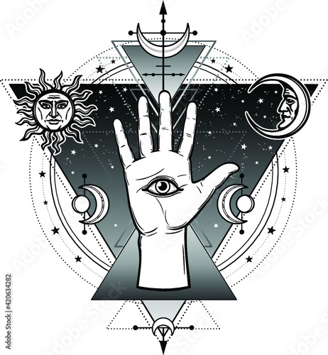 Mystical symbol: the human hand has a divine all-seeing eye. Alchemy, magic, esoterics, occultism. Vector illustration isolated on a white background. Print, poster, t-shirt, card.