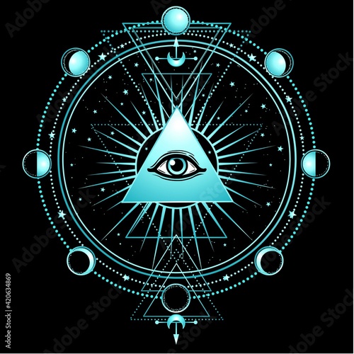 Mysterious background: pyramid, all-seeing eye, sacred geometry. Esoteric, mysticism, occultism. Print, poster, t-shirt, card. Vector illustration on a black background.