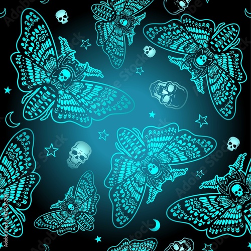 Seamless color pattern: moth Dead Head, skull, moon, stars.  Esoteric, mysticism, occultism. 