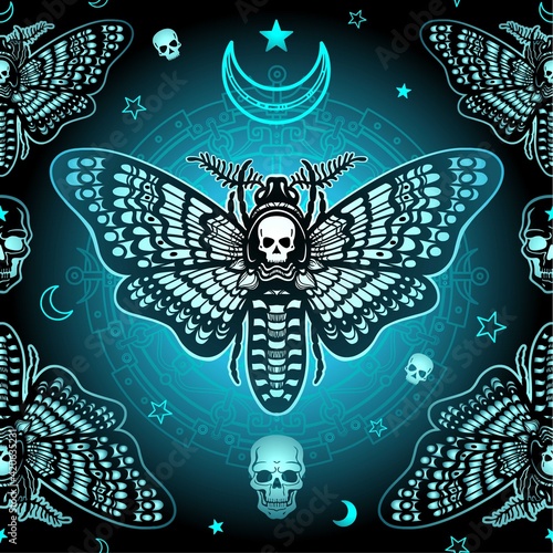 Seamless color pattern: moth Dead Head, mystical circle. Esoteric, mysticism, occultism. Raster illustration.