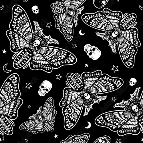 Seamless monochrome pattern: moth Dead Head, skull, moon, stars.  Esoteric, mysticism, occultism. Vector illustration.