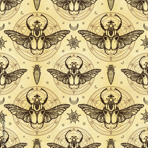 Seamless color pattern: bug Goliath,  larva, sacred geometry. Alchemical circle of transformations. A background - imitation of old paper. Vector illustration.