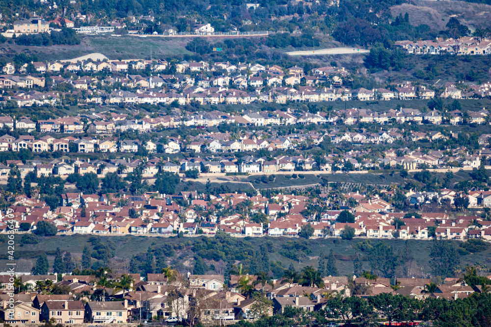 High angle view of homes and neighborhoods in Orange County California, USA 