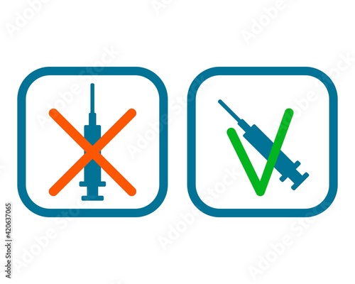 Vector illustration about choosing or refusing vaccination in a flat style. To make or not to make a vaccine. A syringe, signs of consent and refusal. Prevention, immunization.
