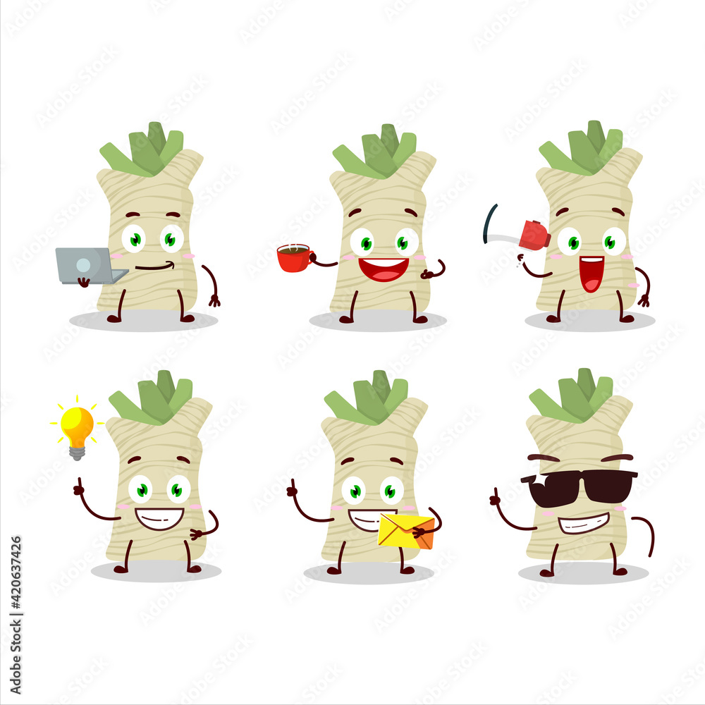 Obraz premium Horseradish cartoon character with various types of business emoticons