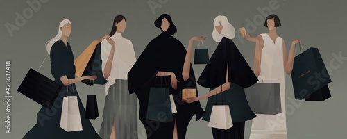 illustration of fashion girls with shopping bags photo