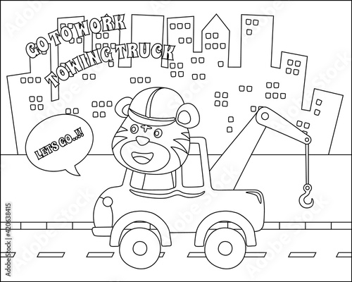 coloring book or page of tow truck cartoon with funny driver, Cartoon isolated vector illustration, Creative vector Childish design for kids activity colouring book or page.