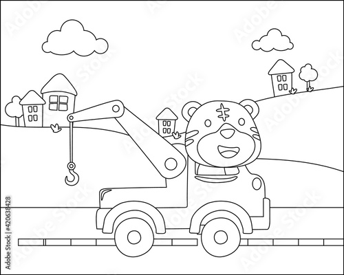 coloring book or page of tow truck cartoon with funny driver, Cartoon isolated vector illustration, Creative vector Childish design for kids activity colouring book or page.