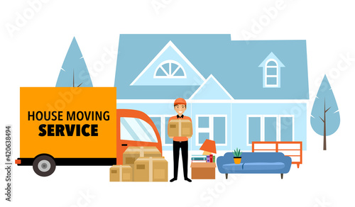 Moving house service concept vector illustration on white background. Delivery man standing with truck and furniture holding cardboard box at customer house.