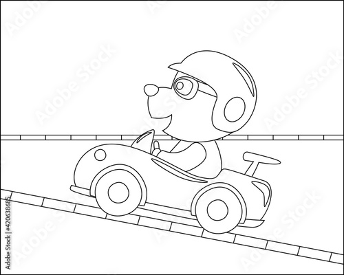Cute dog cartoon driving a vintage race car. Cartoon isolated vector illustration, Creative vector Childish design for kids activity colouring book or page.