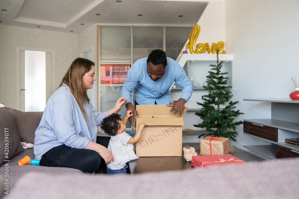 Family Preparing To Decorate Christmas Tree