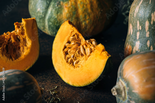 Pumpkins on dark background photo