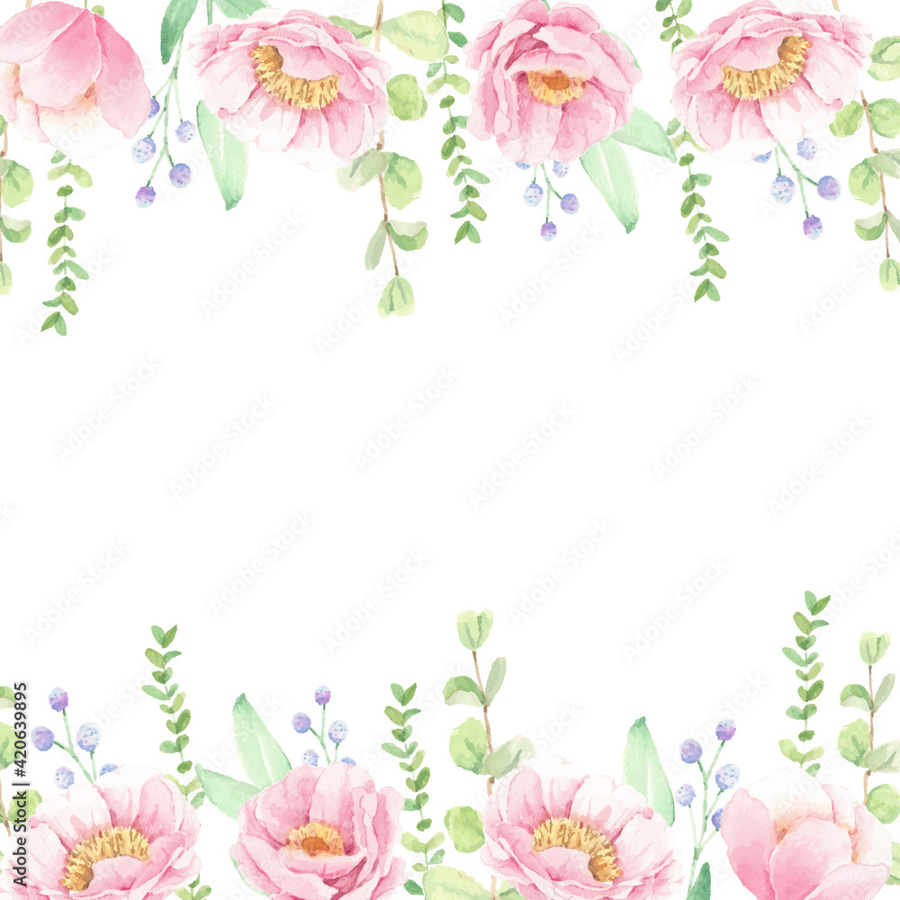 watercolor pink peony flower bouquet square banner background