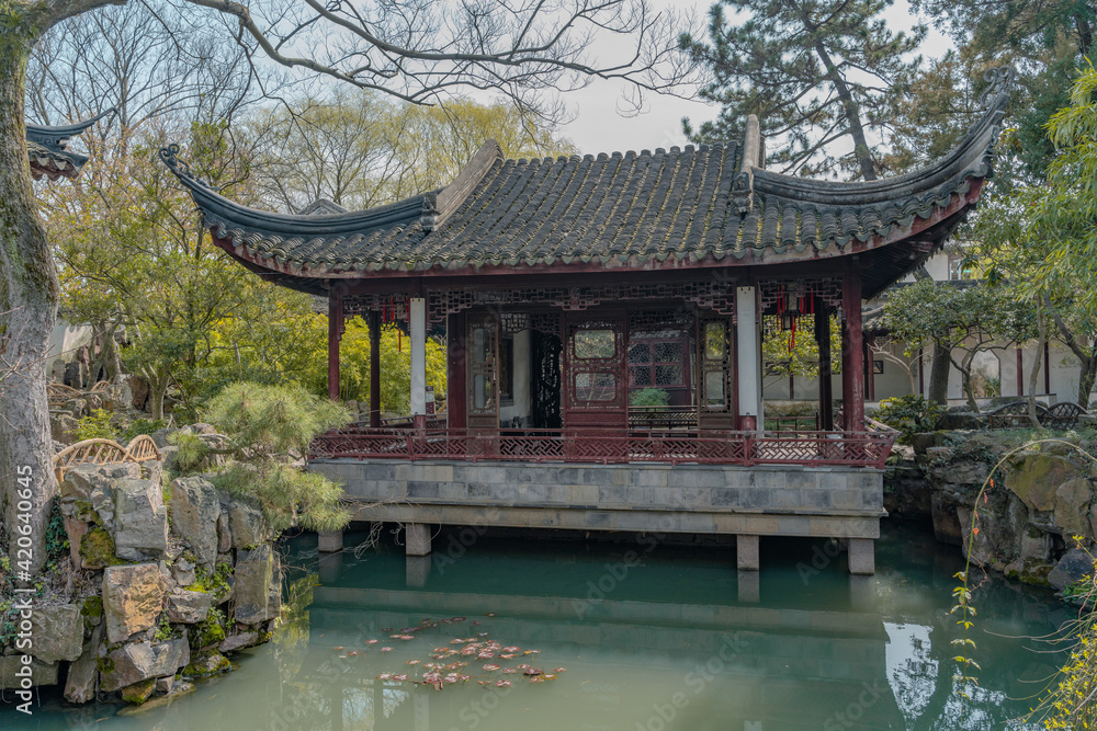 Inside view of a Chinese garden in Suzhou, China.