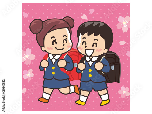 ランドセルを背負って歩く小学生　桜　入学