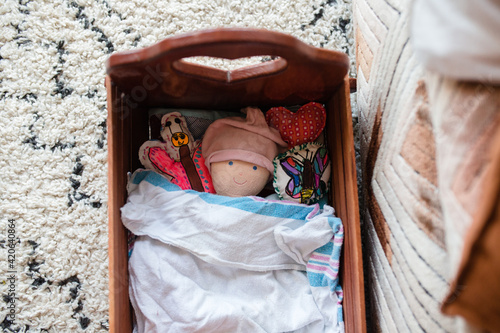 overhead of dolls in doll bed photo