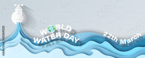 Front view of water tap with blue layer of water shape, the day and name of event with space for texts on white paper pattern background. All in paper cut style and banner vector design.