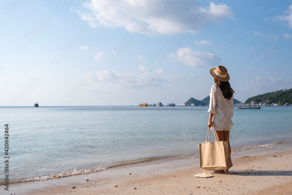 Rear view image of a woman with hat and bag strolling on the beach with blue sky background