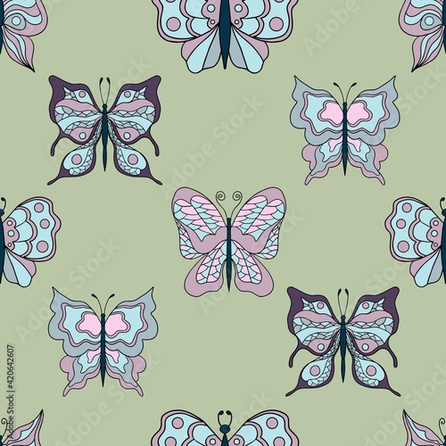 Beautiful butterflies. Seamless pattern. Pastel colors. Collection of isolated flat cartoon vector illustrations.