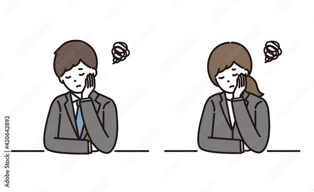 頬杖をついて悩むスーツ姿の若い男性と女性