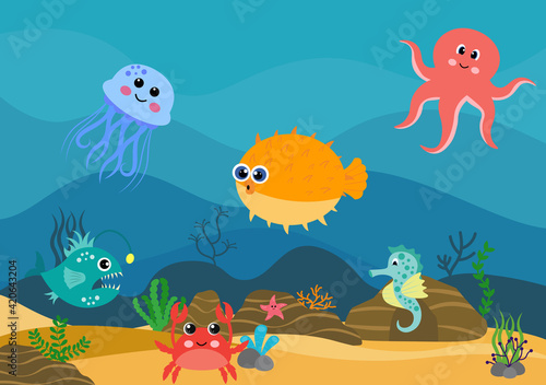 Underwater Scenery and Cute Animal Life in the Sea with Seahorses, Starfish, Octopus, Turtles, Sharks, Fish, Jellyfish, Crabs. Vector Illustration © denayune