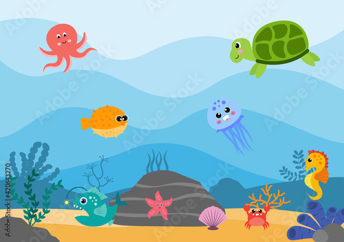 Underwater Scenery and Cute Animal Life in the Sea with Seahorses, Starfish, Octopus, Turtles, Sharks, Fish, Jellyfish, Crabs. Vector Illustration