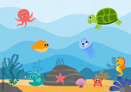 Underwater Scenery and Cute Animal Life in the Sea with Seahorses  Starfish  Octopus  Turtles  Sharks  Fish  Jellyfish  Crabs. Vector Illustration