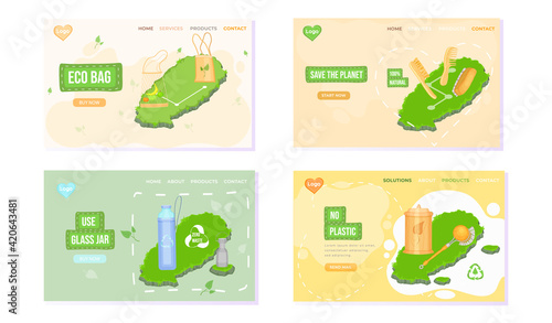 Zero Waste concept for landing page, template, web. Eco friendly reusable shopping bag and packaging